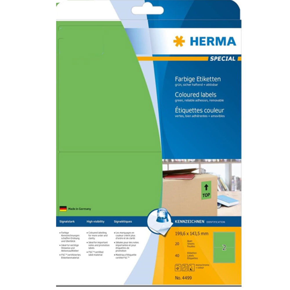 Herma Removable Colored Labels A4 20pc（199.6x143.5mm）