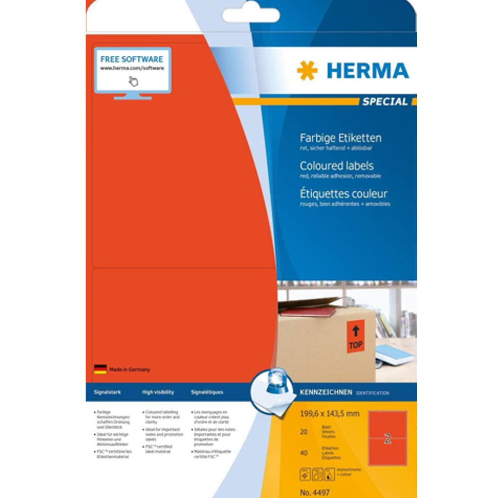 Herma Removable Colored Labels A4 20pc（199.6x143.5mm）