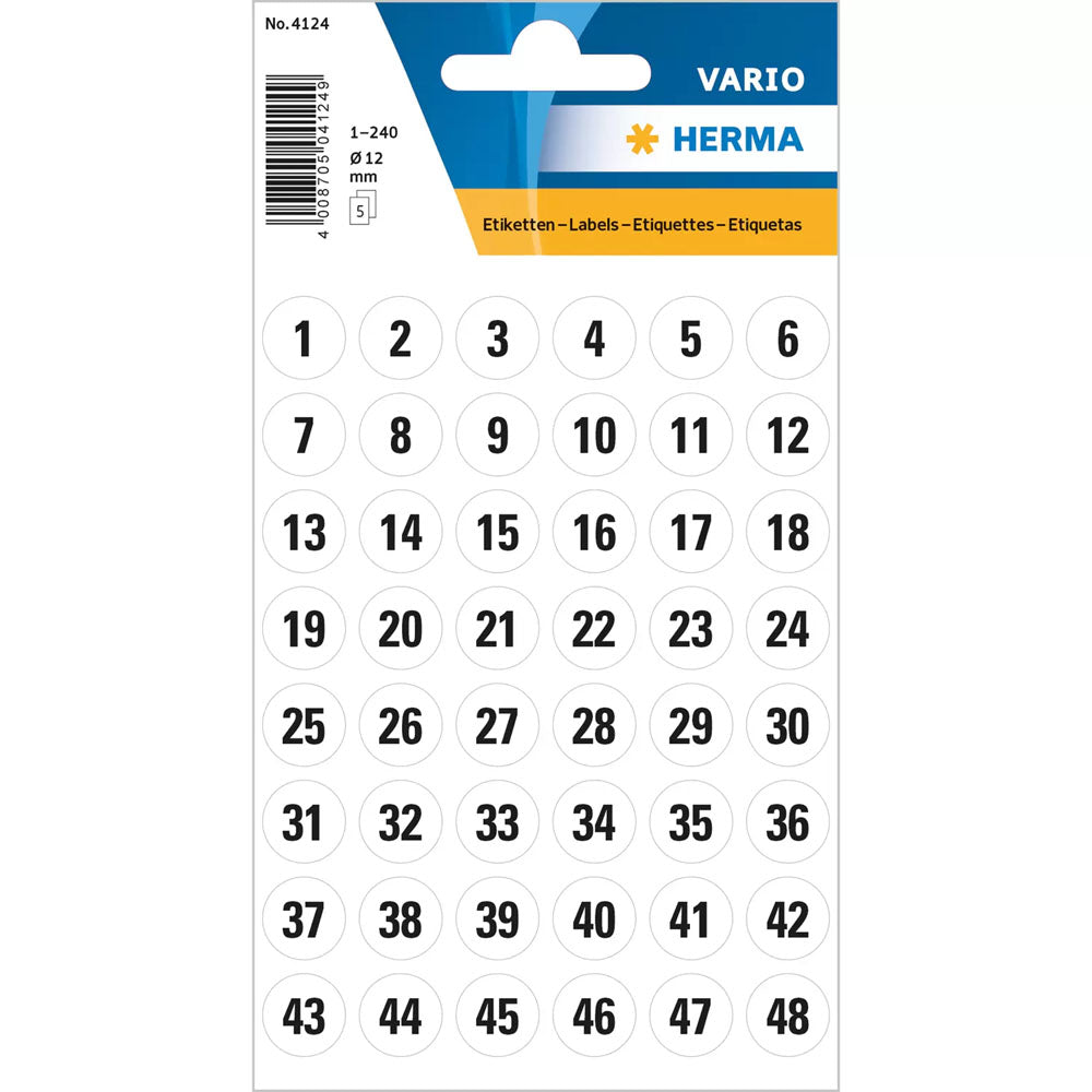 Herma Paper Number Sticker #1-240 12mm (Black/White)