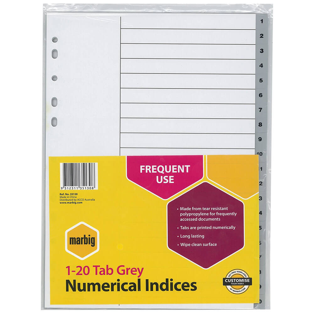 Marbig numerieke indices en dividers a4 (grijs)