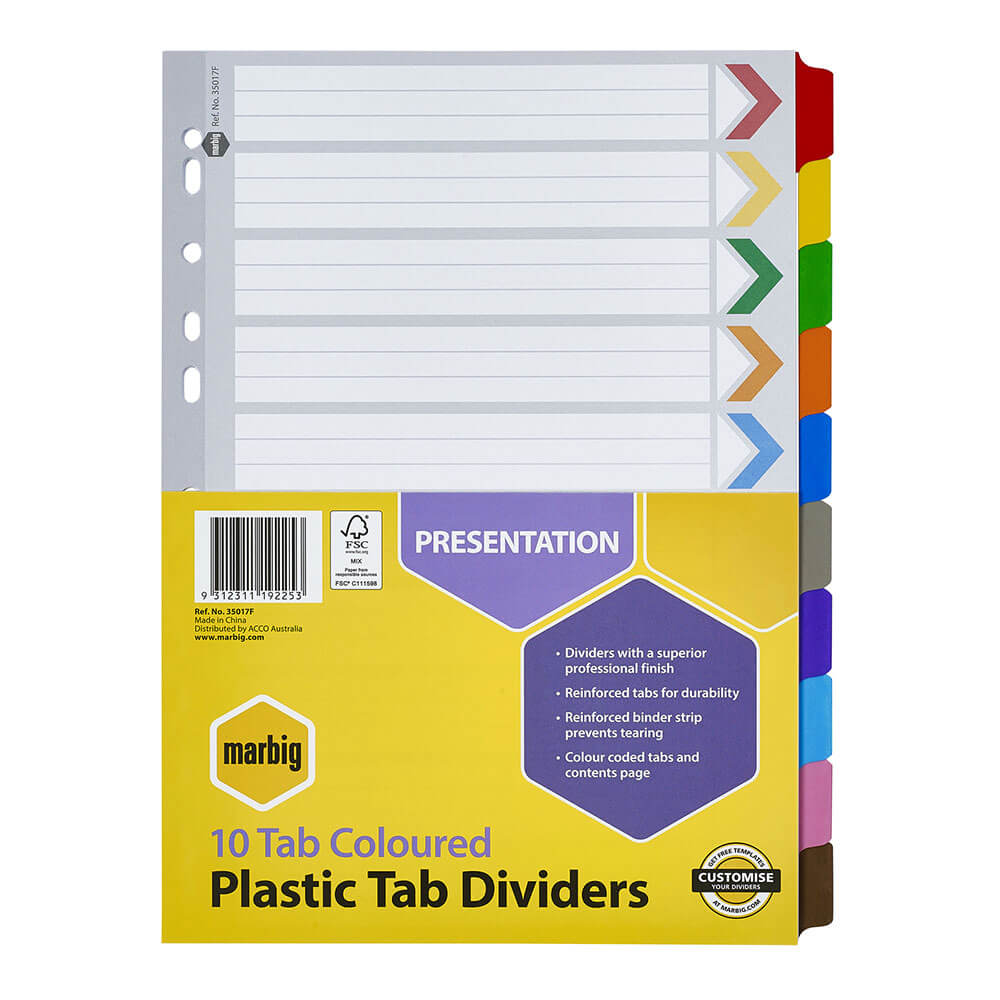 Marbig Manilla Plastic Tab Dividers A4 (farvet)