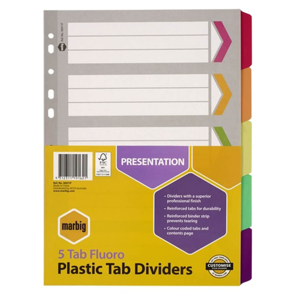 Marbig Manilla Plastic Tab Dividers A4 (Fluoro)