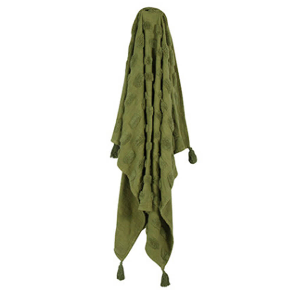 Piol Olive Green Cotton Throw W/ Tassle e Tufting