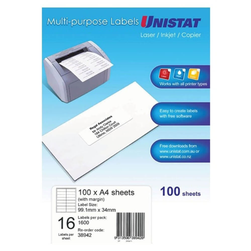 Unistat laser/inkjet/kopieerapparaat label 100 pk