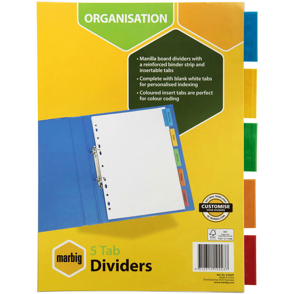 Marbig 5 Insert Tab Manilla Dividers A4 (Coloured)