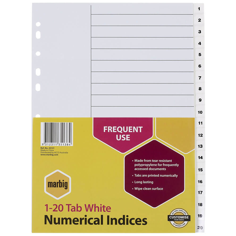 Marbig numerieke indices en dividers a4 (wit)